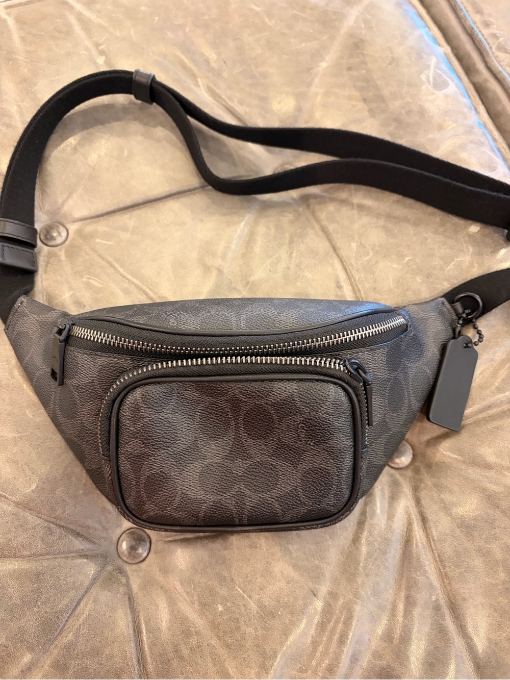 Coach Men's Gray Signature Canvas Belt Bag with Black Trim
